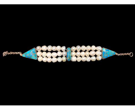 Three Strand Art Deco Style Pearl Necklace with Turquoise Set Triangular and Oval Accents,  set on silver, marked 925.  Toget