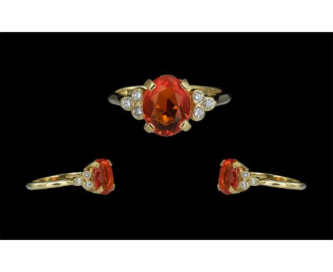 18ct Gold - Superb Quality Ornate Fire Opal and Diamond Set Ring. Full Hallmark to Interior of Shank. The Orange Opal of Wond