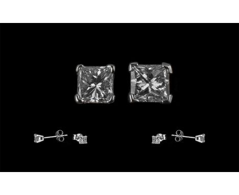 Ladies Pair of 18ct White Gold &amp; Diamond Square Solitaire Earrings By Goldsmiths Jewellers. Est Weight 0.50 pts. In As Ne