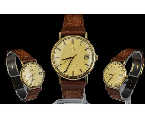 Omega - Geneve Gold Plated Mechanical Wrist Watch, With Original Omega Signed Buckle Leather Watch Strap, Champagne Dial, Dat