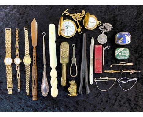 Box of Assorted Collectibles, comprising brass nutcrackers, wooden pincers, a 2" brass pig with lid, a small tin 'His Master'