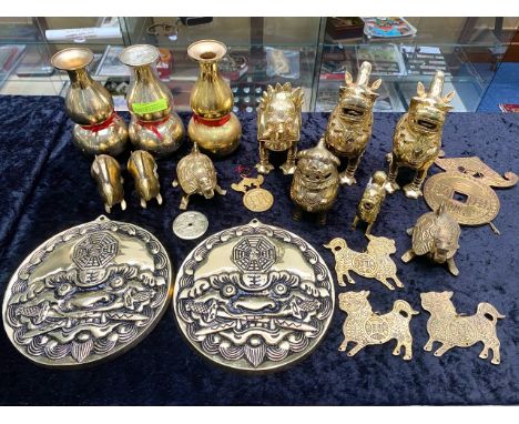 Quantity of Oriental Brass Items, including a pair of Foo Dogs, 6" tall, three ball shaped vases 6" tall, a 6" Foo dog , a 4"
