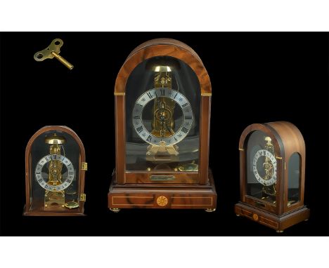 Franz Hermle - Classic Walnut and Inlaid Cased Skeleton Clock. Ref 791 - 081. Features Pendulum Movement, Strikes on a Bell. 