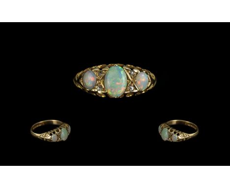 Edwardian Period 18ct Gold Attractive Opal and Diamond Set Ring, gallery setting and ornate shank, hallmarked Chester 1908; o