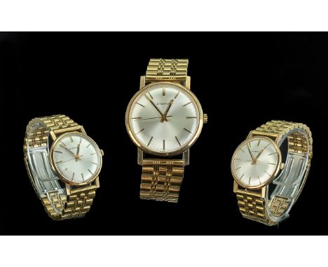 Eterna Gents 9ct Gold Cased Mechanical Wind Wrist Watch - Features Gold Markers, Seconds Sweep, Silver Coloured Dial &amp; Go