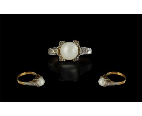 Antique Period Pleasing 18ct Gold Pearl &amp; Diamond Set Dress Ring, the central pearl flanked by six small diamonds marks n