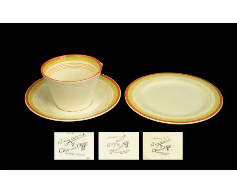 Clarice Cliff - Art Deco Signed Trio. Consists of 2 Plates and 1 Cup.  From the Bizarre Range. Full Stamps to Base. 