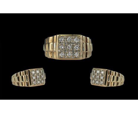 Rolex Style - Gents 9ct Gold Diamond Set Dress Ring, Solid Shank. Marked 9ct to Interior of Shank. The 9 Round Brilliant Cut 