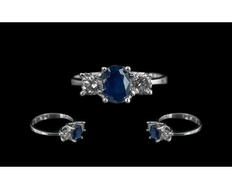 Ladies 18ct White Gold 3 Stone Diamond &amp; Sapphire Set Ring, fully hallmarked to interior of shank.  The Sapphire &amp; Di