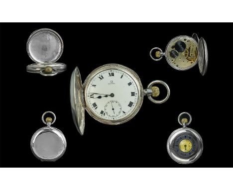 Omega Sterling Silver Demi-Hunter Pocket Watch, hallmark London 1918.  Signed Omega to dial and movement.  No. of movement 51