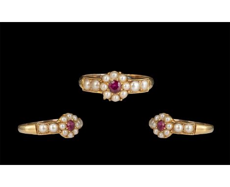 Antique Period - Attractive and Exquisite 18ct Gold Ruby and Seed Pearl Set Dress Ring. c.1900. Marked 18ct to Interior of Sh