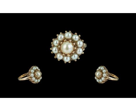 Edwardian Period 1902-1910 Excellent 9ct Gold Pearl Set Cluster Ring.  Flowerhead setting, well matched pearls with excellent