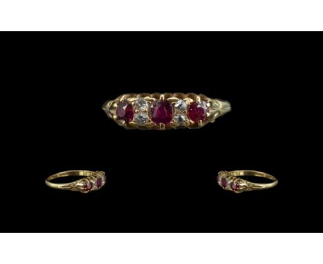 Antique 18ct Gold Attractive Ruby &amp; Diamond Set Ring.  Gallery setting, marked 18ct to shank.  Ring size N.  Weight 3 gra