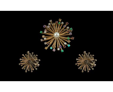 Ladies Attractive 9ct Gold Multi- Stone Set Brooch - Wheel Design, Set With Turquoise, Seed Pearl, Citrine, Amethyst, Topaz, 