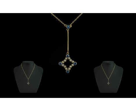 Antique Period Exquisite Quality 9ct Gold Blue Sapphire and Seed Pearl Set Necklace, pendant marked 9ct; comes with original 