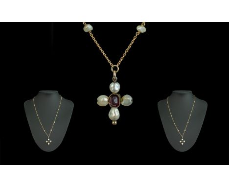 Antique Period 15ct Gold Attractive Pearl and Amethyst Set Pendant and Chain, also set with pearls; marked 15ct, weight 5.9g,