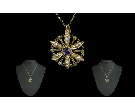 Victorian Period Ladies Attractive 9ct Gold Amethyst / Peridot / Seed Pearl Set Circular Pendant, With Attached 9ct Gold Chai