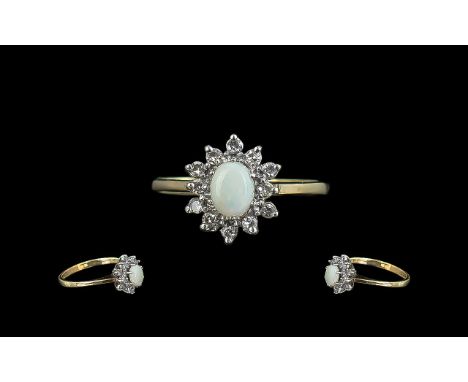 Ladies 9ct Gold Attractive Opal and Diamond Set Cluster Ring. Full Hallmark to Interior of Shank. Opal and Diamond of Good Co