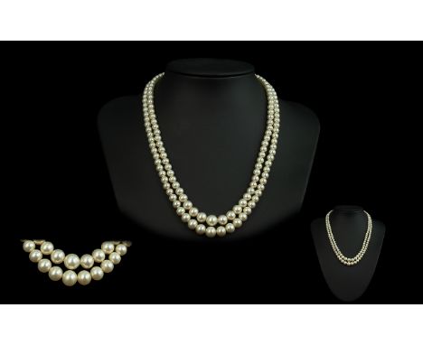 A Fine Quality Vintage Double Strand Cultured Pearl Necklace with 9ct Gold Clasp. Fully Hallmarked 9.375. Excellent Lustre, W