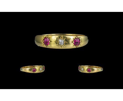 Antique Period 18ct Gold - Attractive Star Setting 3 Stone Ruby and Diamond Set Ring. Marked 18ct to Shank. Rubies of Excelle