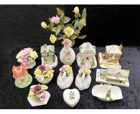 Collection of Coalport Items, comprising two swans with flowers, three floral pots, heart shaped trinket box with flower, bas