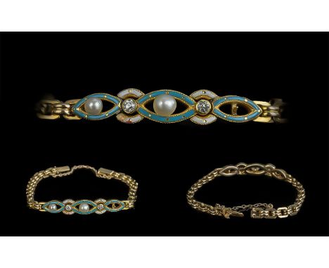 Antique Period Attractive 18ct Gold &amp; Enamel Diamond &amp; Pearl Set Exquisite Bracelet, with safety chain set with Turqu