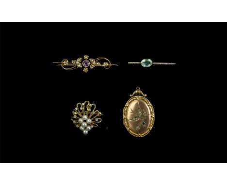 Antique Period Original 18ct Gold Amethyst &amp; Seed Pearl Set Brooch, marked 18ct.  Together with a 9ct Gold attractive see