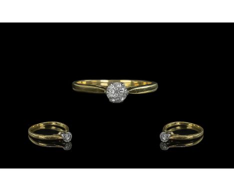 Ladies 18ct Gold Attractive and Contemporary Single Stone Diamond Set Ring. Full Hallmark to Interior of Shank. The Round Bri