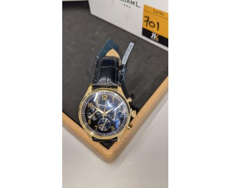 William L 1985 watch with stainless steel case, leather strap, water resistant 5ATM, gold coloured case, vintage style calend