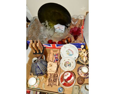 TWO BOXES OF SUNDRY ITEMS, to include Wedgwood 'Peter Rabbit' nursery ware, Aynsley and Royal Stafford cups and saucers, a sa