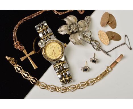 A SELECTION OF JEWELLERY, to include a 9ct gold cross pendant and chain, a pair of 9ct gold, oval cufflinks, a pair of cluste