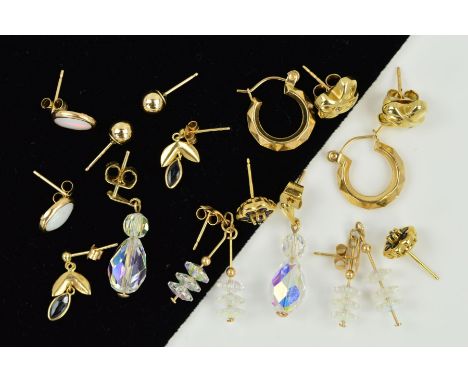 EIGHT PAIRS OF EARRINGS, to include a pair of hoops, two pairs with faceted crystals, a pair set with oval jelly opal cabocho