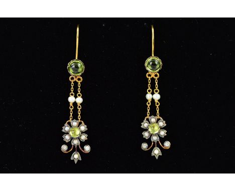 A PAIR OF PERIDOT, PEARL AND DIAMOND DROP EARRINGS, each designed as a central circular peridot cabochon within a floral spli