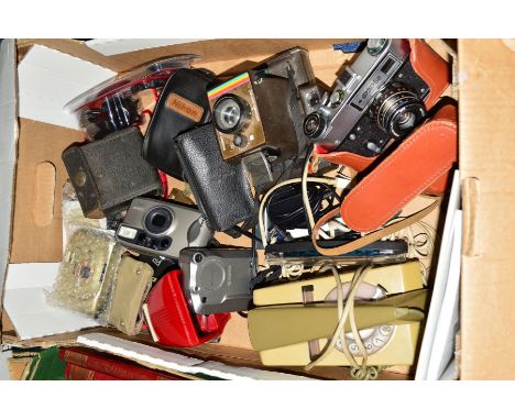 A BOX OF VINTAGE CAMERAS, etc, to include a Russian FED 5B with a 55mm f2.8 lens, Fuji 4800, Fuji 330 Zoom 110, Nikon Zoom 21