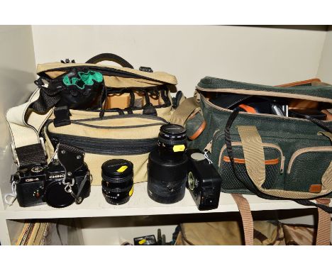 TWO CAMERA BAGS CONTAINING A CHINON CE-4 FILM SLR, with a 50mm f1.7, a Pentax M 24-35mm f3.5 lens, a Super Paragon PMC 135mm 