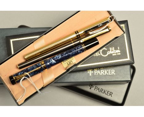 THREE PENS, the first a Parker fountain pen with blue marbled case, nib stamped 18K 750, with a Parker case and outer cardboa
