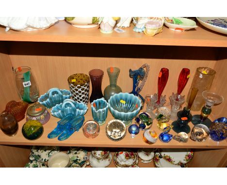 A GROUP OF COLOURED/PRESSED AND OTHER GLASSWARES, to include Caithness vase, Wedgwood candlestick, blue vaseline pressed glas