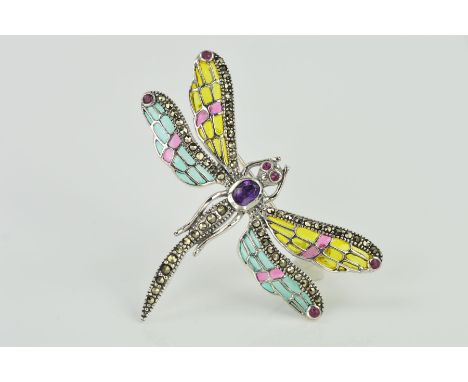A PLIQUE-A-JOUR, GEM AND MARCASITE DRAGONFLY BROOCH/PENDANT, the yellow, red  and green enamel wings with marcasite edging an