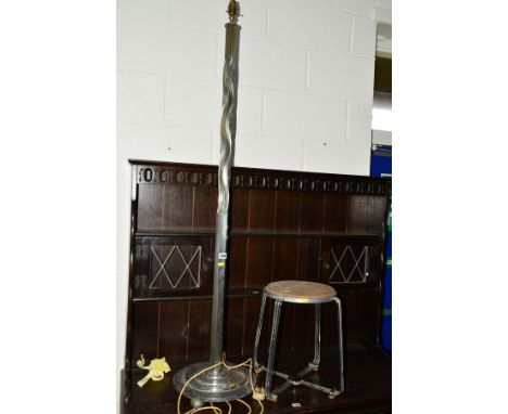 A 1970'S CHROME FRAMED STOOL, together with a chrome standard lamp with a shaped upright (2)