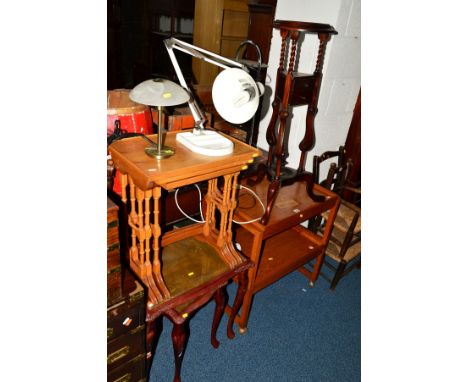 A WHITE AND NEWTON TEAK TWO TIER TEA TROLLEY, (s.d.) together with a reproduction triangular jardiniere stand, nest of three 