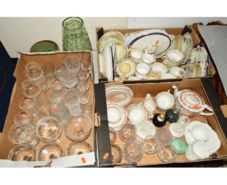 THREE BOXES AND LOOSE CERAMICS AND GLASS, to include Furnivals Quail teawares, Shelley Blanc De Chine cups and saucers, other