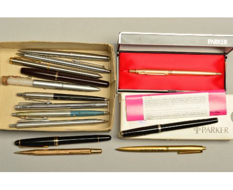 A SELECTION OF PENS, to include a cased gold coloured, engine turned Parker pen, a gold coloured Yard-O-Led retractable penci