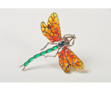 A GEM AND PLIQUE-A-JOUR ENAMEL DRAGONFLY BROOCH/PENDANT, designed with a green enamel body, red, orange and yellow enamel win