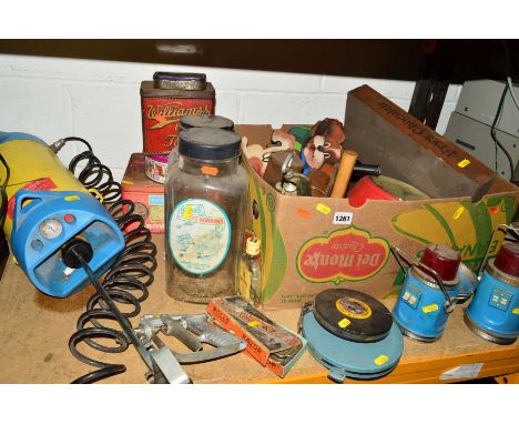 A BOX AND LOOSE TOOLS AND MISCELLANEOUS, to include metal tins, sweet jars and a plastic manual pump paint sprayer, etc (10+)