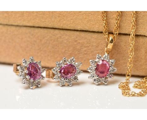 A 9CT GOLD RUBY AND DIAMOND PENDANT AND FINE CHAIN, measuring approximately 400mm in length, together with a matching pair of