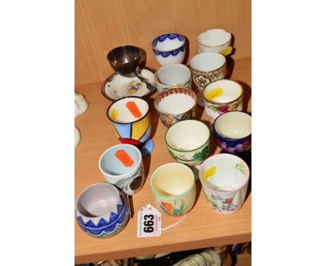 A SMALL COLLECTION OF EGG CUPS, to include Clarice Cliff 'Crocus', Poole Pottery, Shelley, Worcester, Noritake, Copelands, Su
