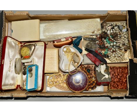 A BOX OF MAINLY COSTUME JEWELLERY, to include an opal cabochon ring with French assay mark for 18ct, weight 1.5 grams, togeth