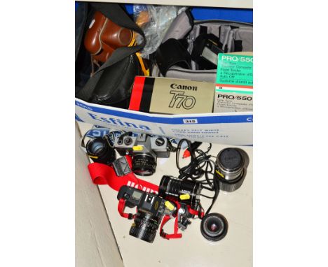 A BOX OF CAMERA EQUIPMENT, including a Canon T70 with box fitted, a FD 35-70mm f3.5 lens, a FD 70-210mm f4 lens, a 277T Speed