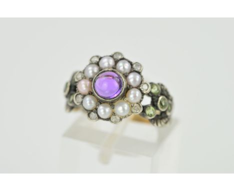 AN AMETHYST, SPLIT PEARL AND DIAMOND RING, designed as a central circular amethyst cabochon within a split pearl surround and