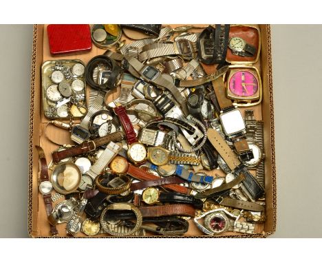 A BOX OF WATCHES, to include mainly gents wristwatches, names include Sekonda, Wilman, Buler nurses fob watches, Timex, Rotar